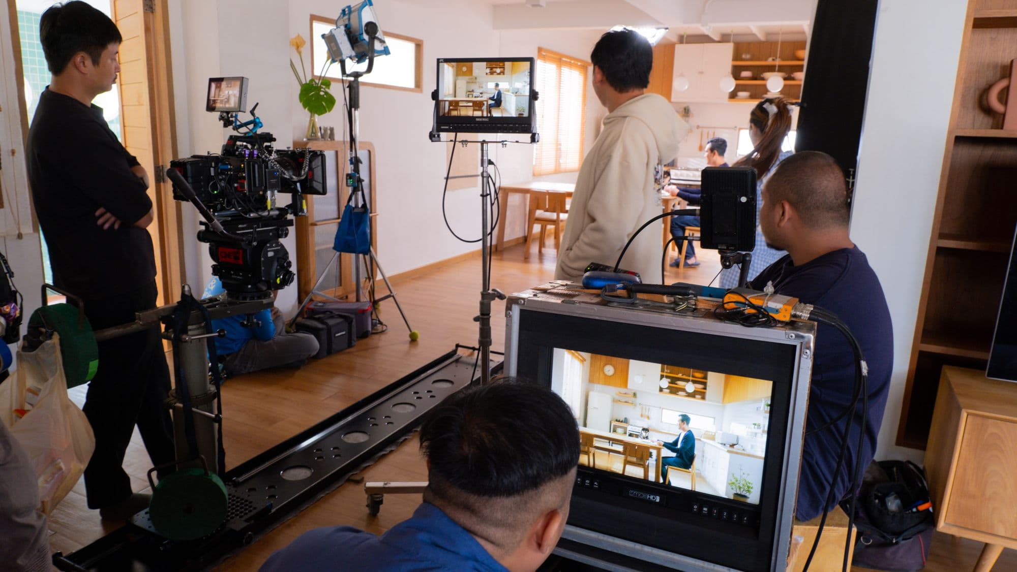 The production crew setting up on set